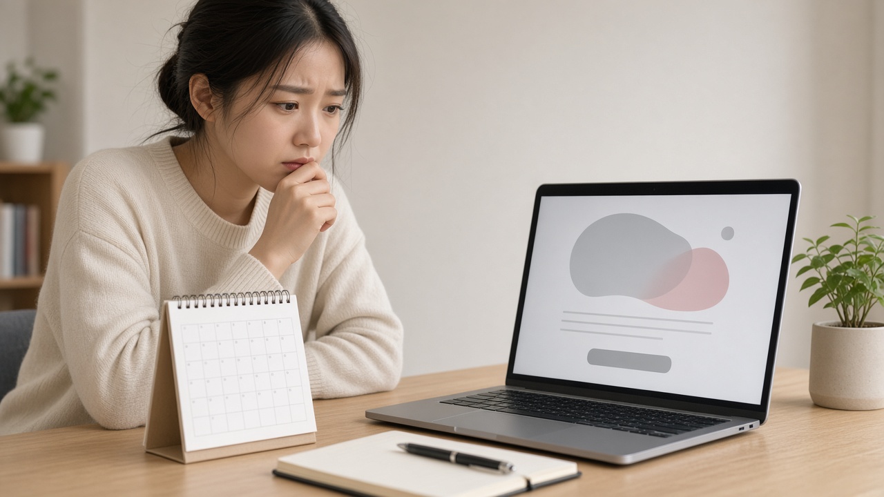 노트북으로 자격증 시험 원서 접수 취소 화면을 보는 20대 한국인 여성