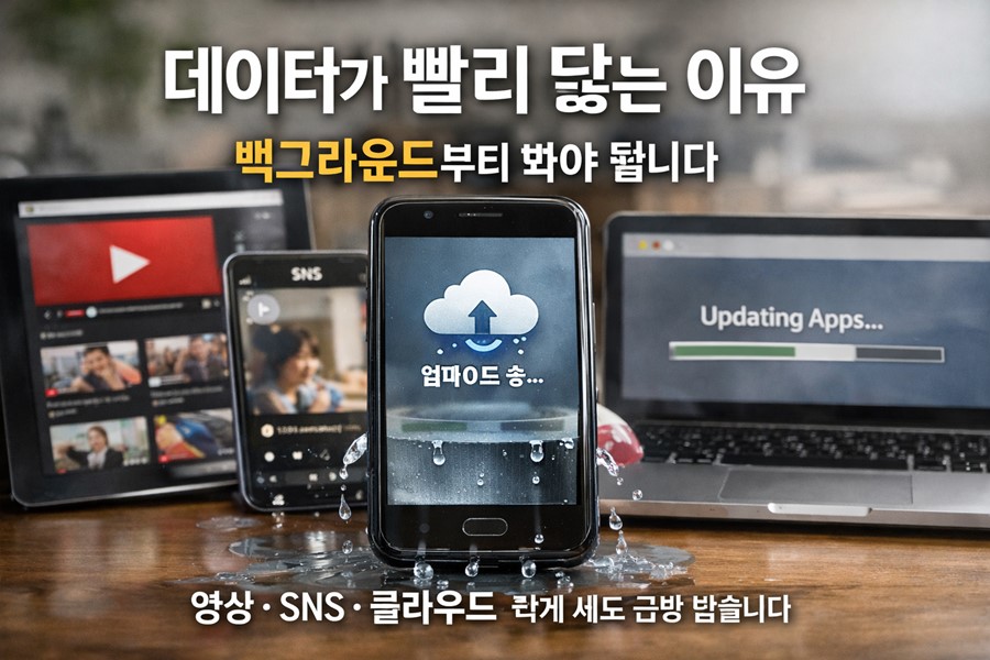 영상 앱과 SNS 자동재생, 클라우드 동기화와 앱 업데이트가 동시에 작동하며 스마트폰 데이터가 계속 줄어드는 구조를 설명하는 이미지
