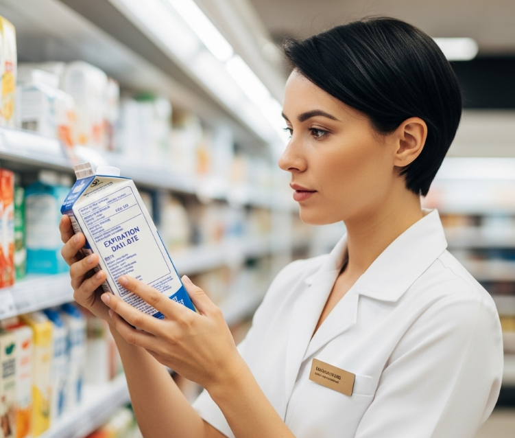 식품 매장에서 관리자가 제품의 유통기한 라벨을 확인하는 장면 이미지