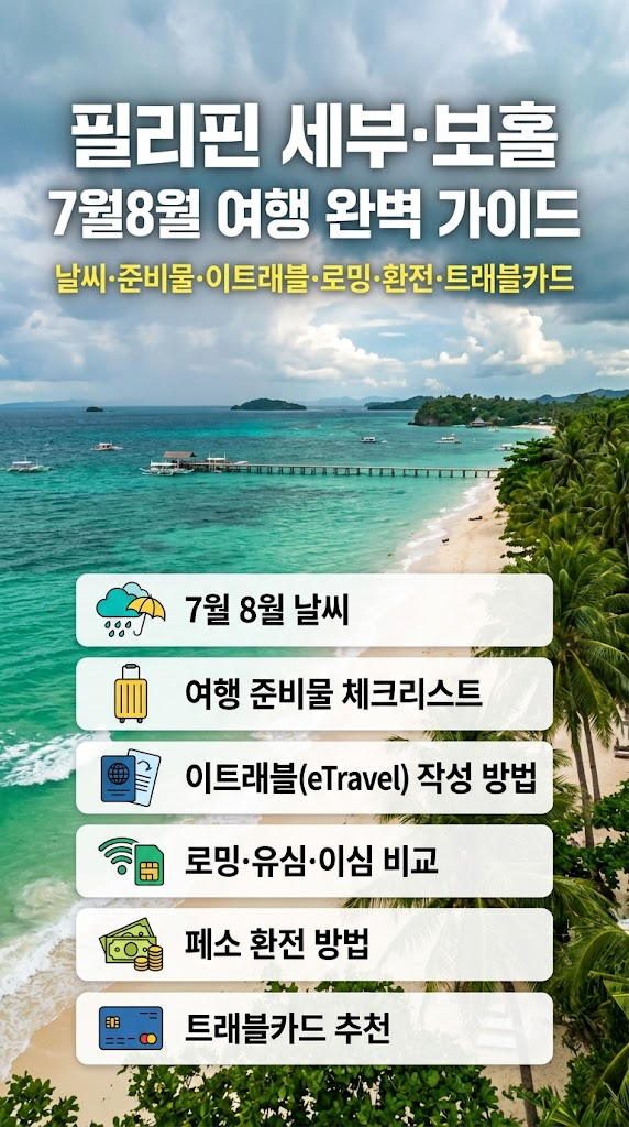 7월, 8월 필리핀 세부, 보홀 여행, 날씨, 준비물, 이트래블(eTravel) 작성 방법, 로밍, e심, 페소 환전, 트래블카드 추천 정보 총정리