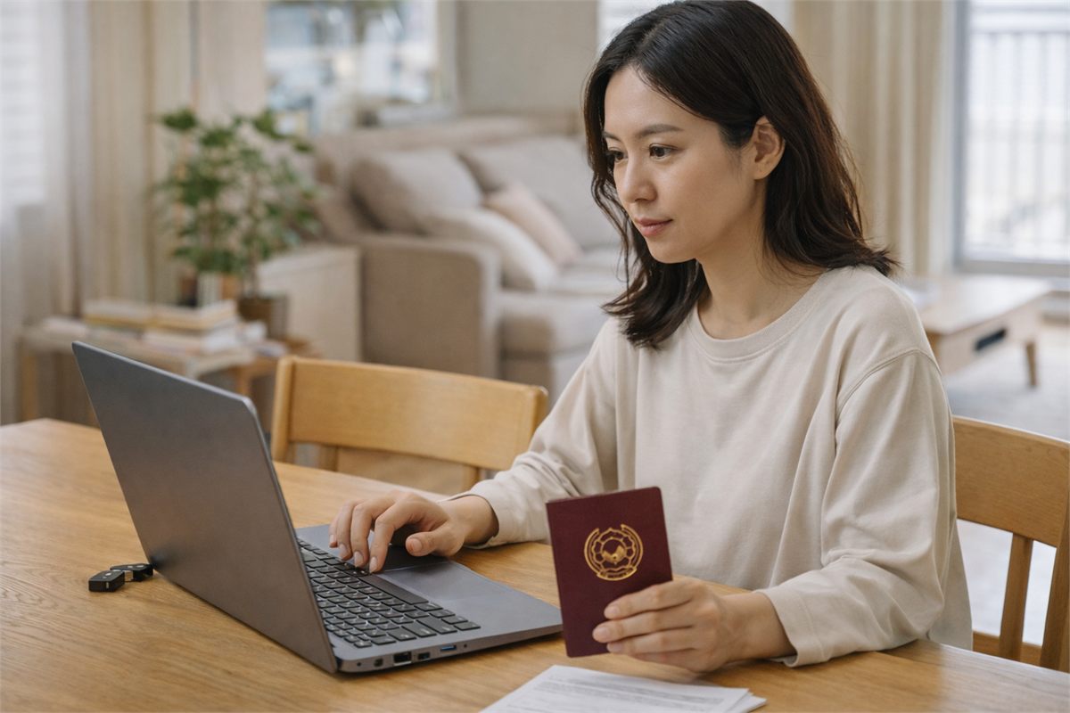 한국 가정의 식탁에서 노트북으로 여권 재발급을 신청하는 성인 여성의 모습