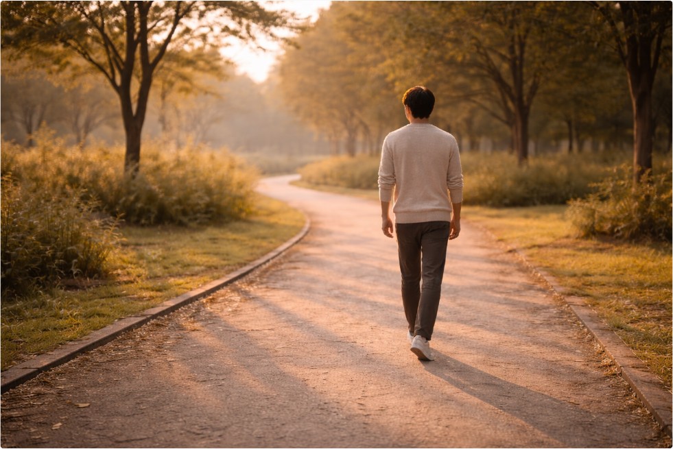이른 아침 조용한 길을 혼자 걸어가는 사람의 뒷모습