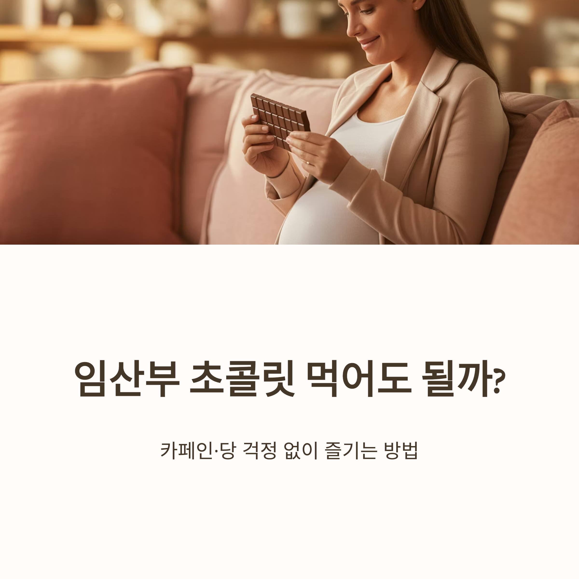 임산부가 초콜릿을 들고 미소 짓는 장면으로, 임신 중 초콜릿 섭취 가능 여부와 안전한 섭취법을 주제로 한 메인 안내 이미지