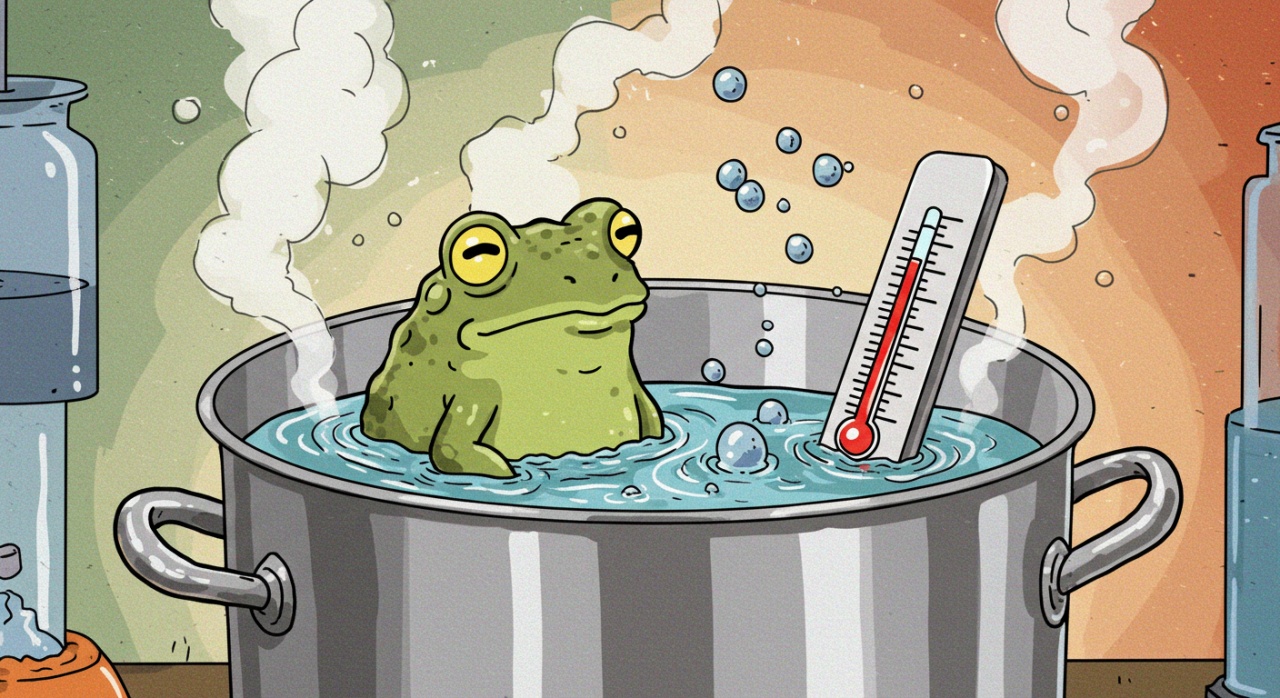 점점 뜨거워지는 냄비 속 물에 있는 개구리