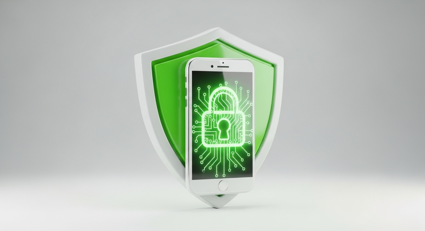 스마트폰을 안전하게 감싸고 있는 디지털 방패와 자물쇠 아이콘, 모바일 보안 강화 및 피싱 예방 솔루션 일러스트