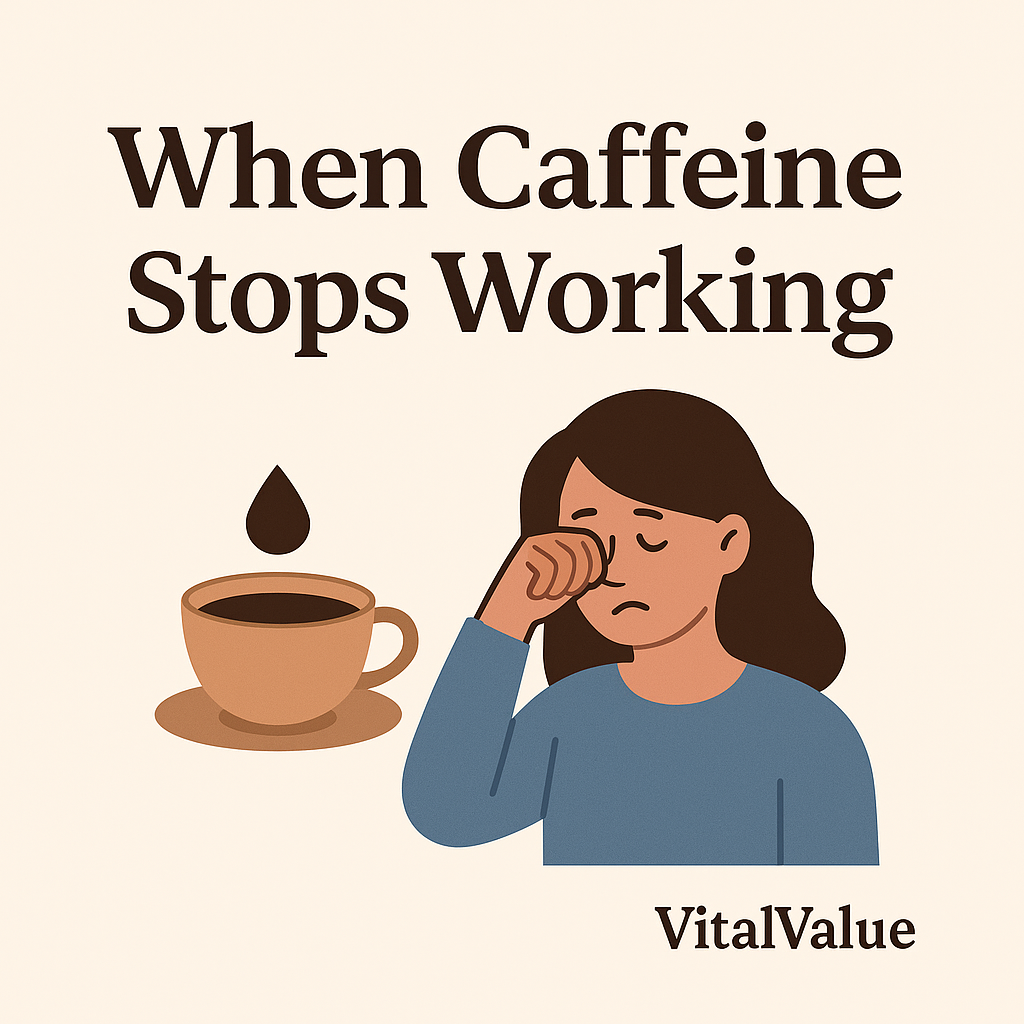Thumbnail image with a tired person holding coffee, symbolizing caffeine no longer working, VitalValue health blog