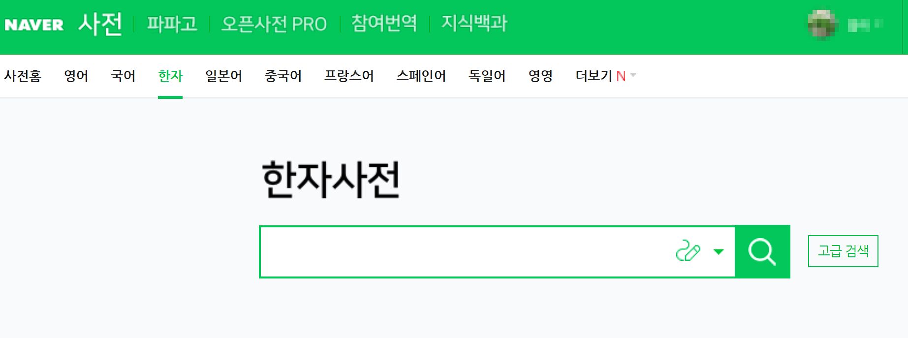 네이버 한자사전 메인 화면