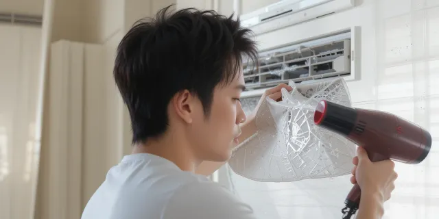 세척한 에어컨 필터를 드라이기로 말리는 모습