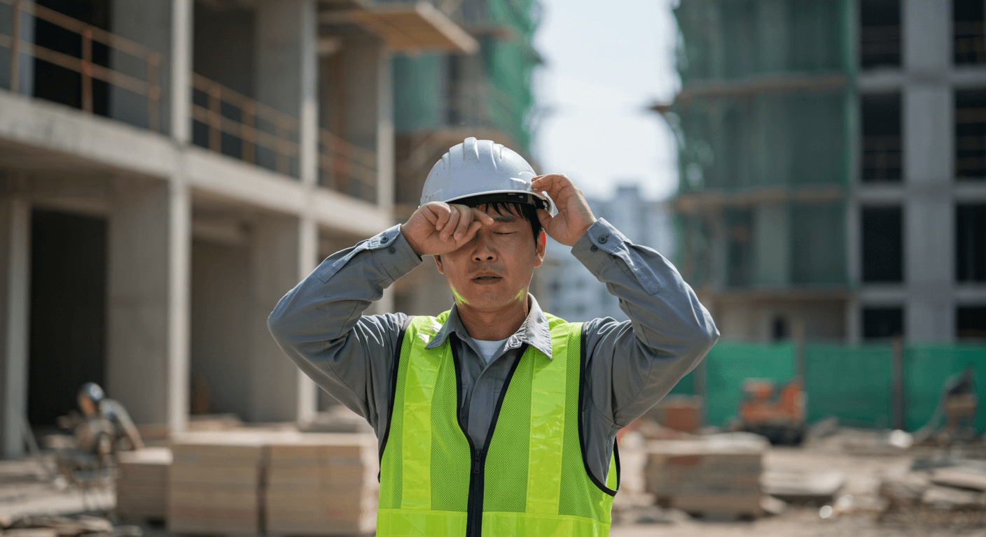 건설 현장에서 이마의 땀을 닦는 한국인 남성 노동자