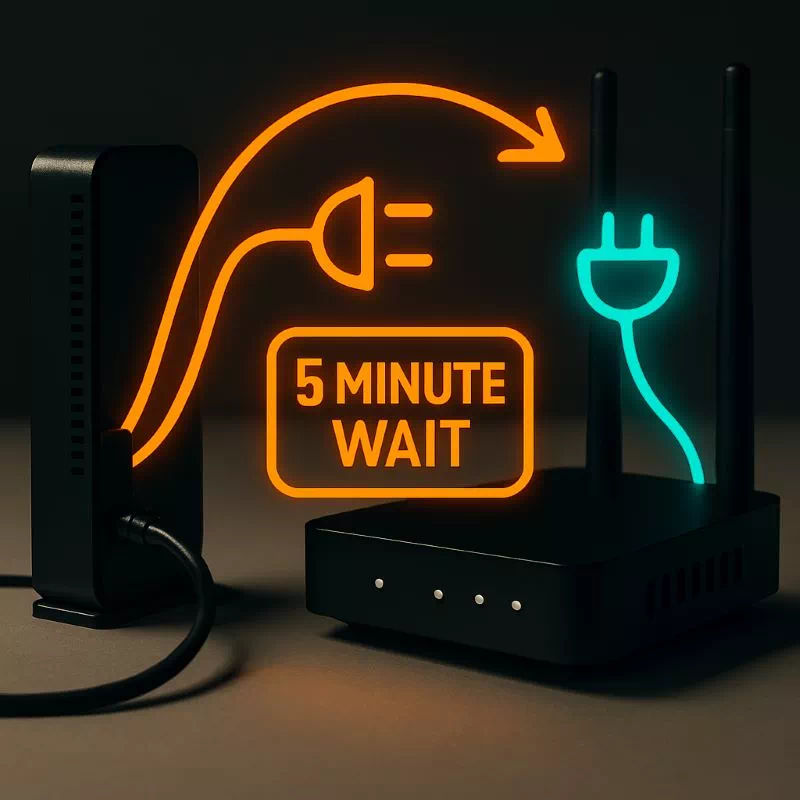 인터넷 속도 느릴 때 모뎀과 공유기의 전원을 순서대로 끄고 5분 기다리는 황금 순서 다이어그램