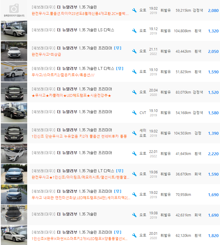 더 뉴 말리부 1.35 가솔린 등급 중고차 가격 : 1,169만원 ~ 2,220만원