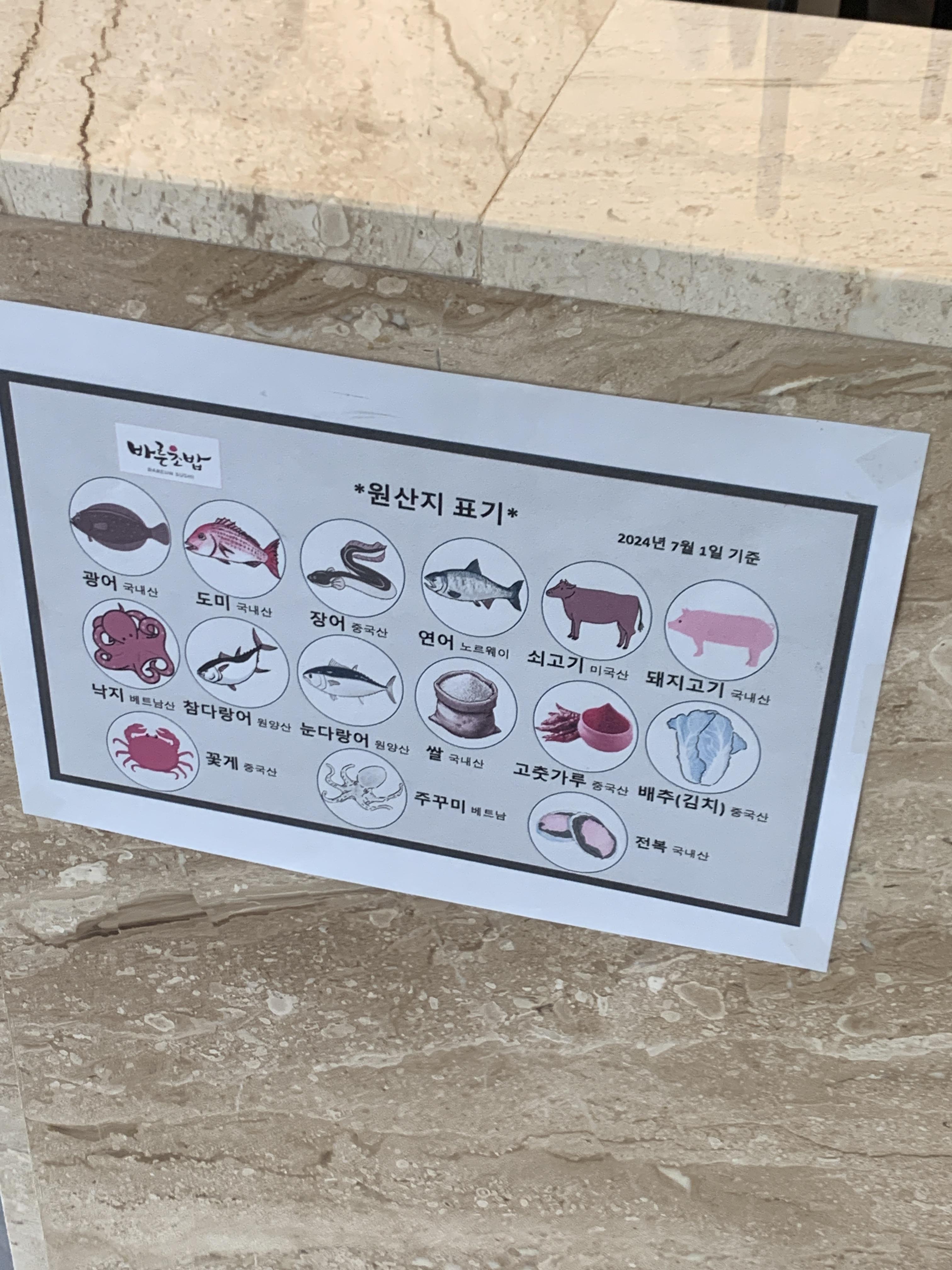 해산물 및 음식 재료 원산지