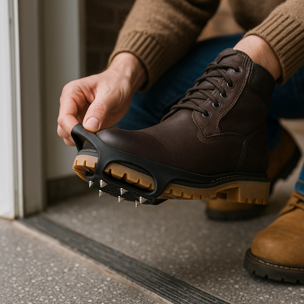 겨울 부츠 밑창에 러버 스파이크 아이젠을 장착하는 손의 클로즈업