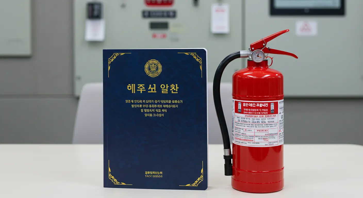 소방안전관리자 2급 자격증 수첩과 소화기가 함께 놓여있는 이미지