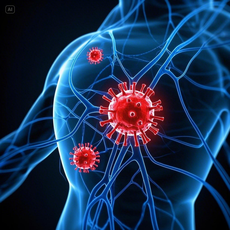 대상포진 바이러스가 신경을 따라 퍼지는 모습을 보여주는 의학적 일러스트&amp;#44; 붉게 활성화된 신경망이 강조된 그래픽