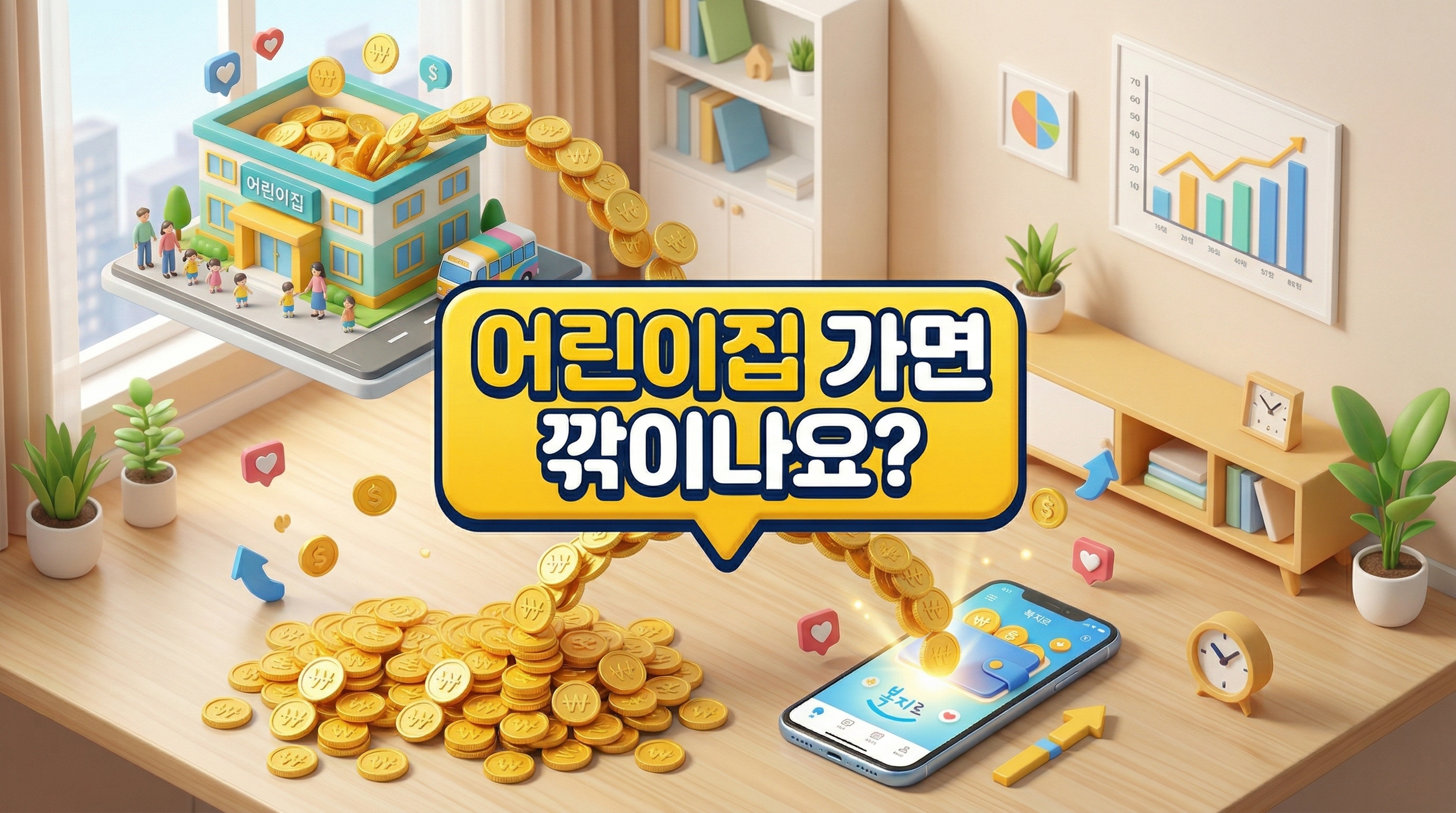 거대한 금화 무더기가 두 개로 나뉘어 귀여운 미니어처 어린이집과 반짝이는 디지털 지갑으로 각각 들어가는 3D 일러스트 배경에, 짙은 그림자와 외곽선으로 선명하게 강조된 '어린이집 가면 깎이나요?'라는 한글 문구가 중앙에 적힌 이미지