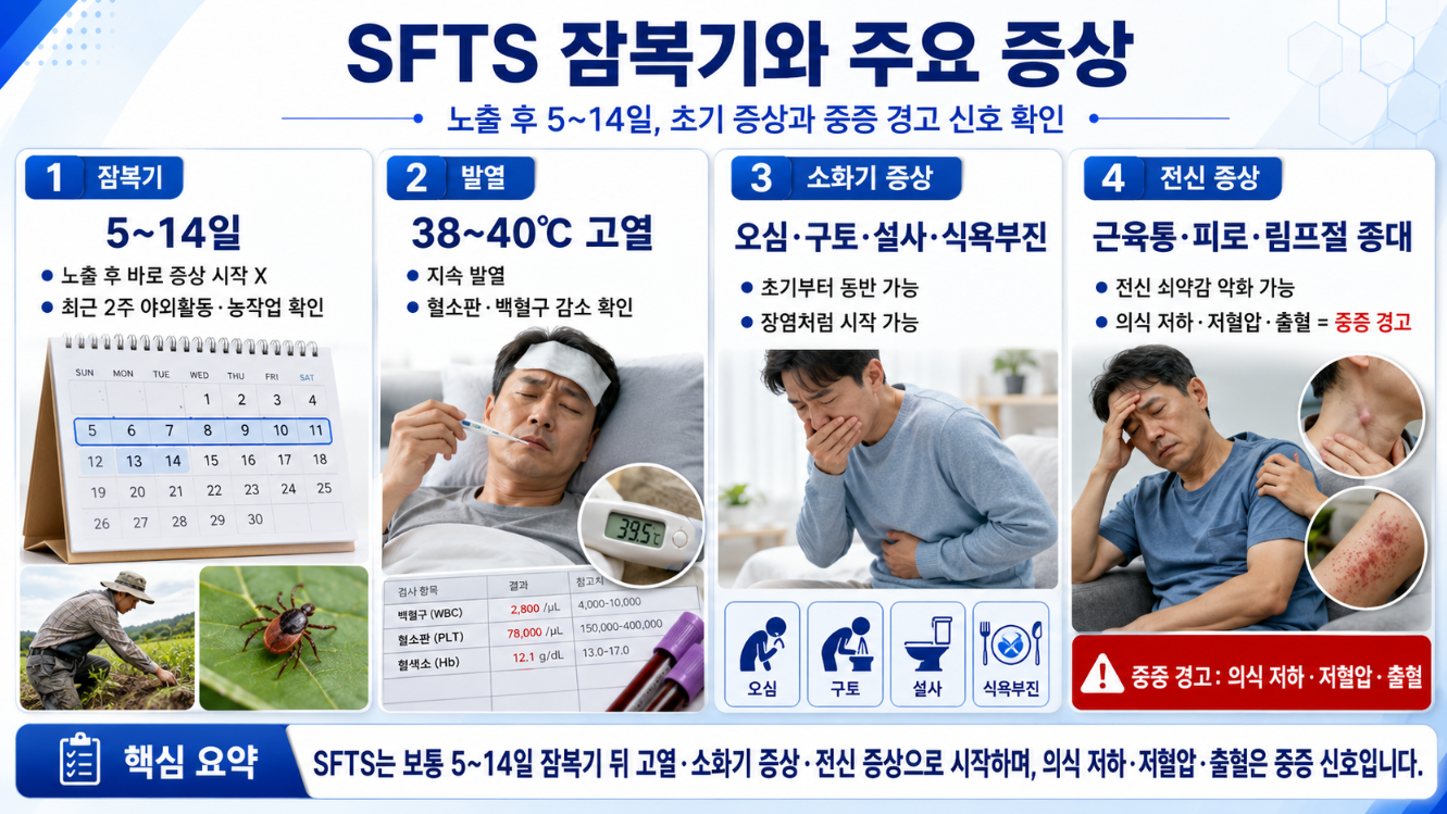 4. SFTS 잠복기 5~14일과 고열, 소화기 증상, 전신 증상, 중증 경고 신호를 정리한 의학 안내 이미지