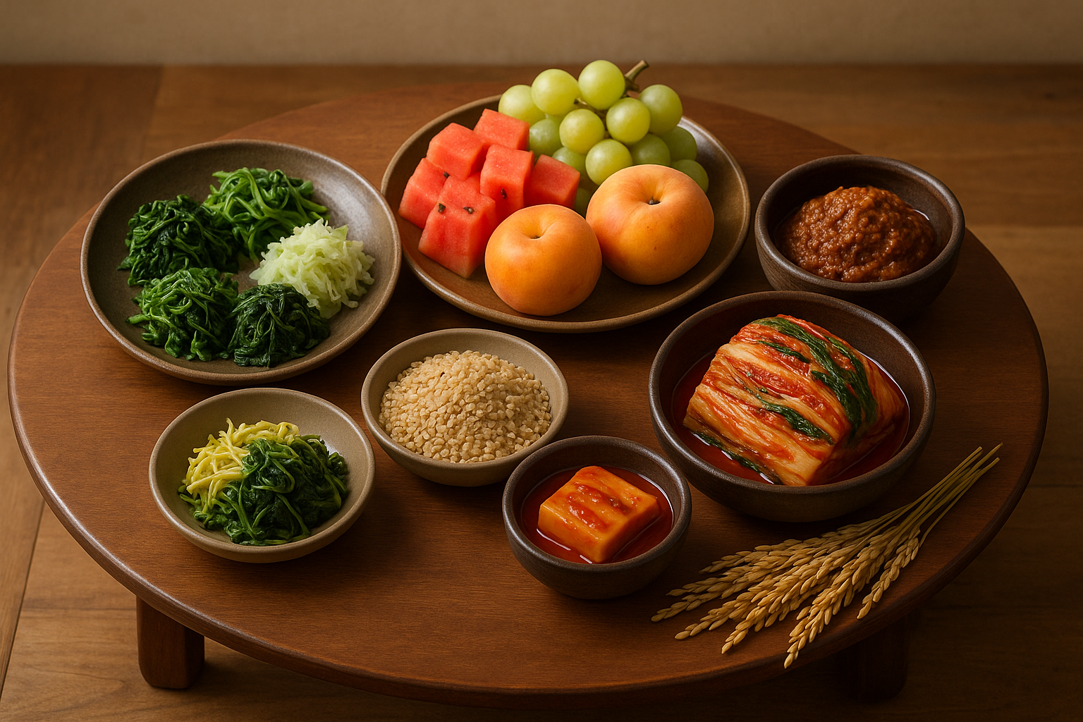 봄나물, 여름 과일, 가을 곡식, 겨울 음식이 함께 놓인 전통 상차림 모습