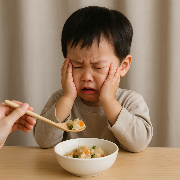 밥을 먹기 싫어 울며 얼굴을 감싸고 있는 유아와 식사를 권하는 어른의 손