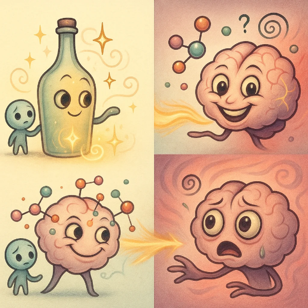 알코올 자극에 따른 뇌 반응과 갈망 유발을 순차적으로 그린 팀 버튼풍 도식 이미지