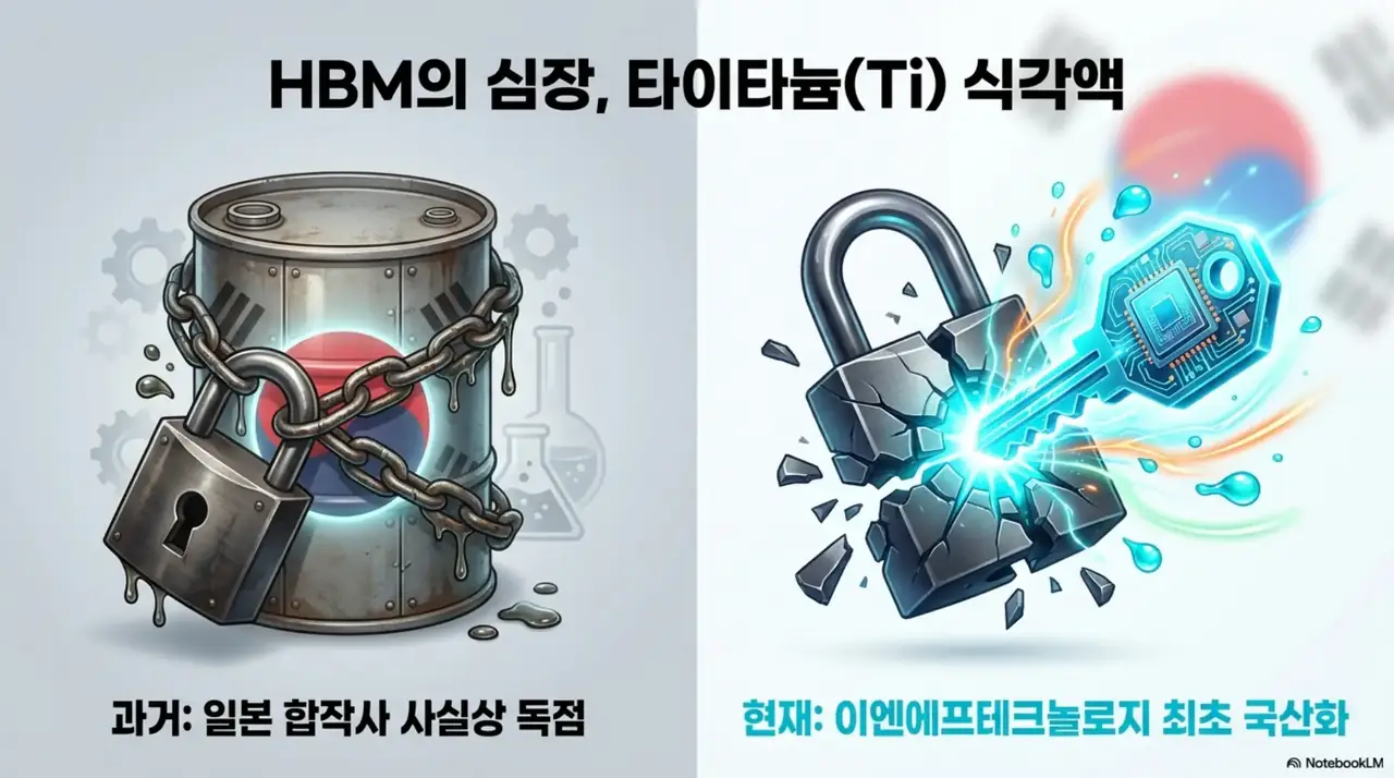 이엔에프테크놀로지 주가 전망: HBM의 심장으로 불리는 타이타늄(Ti) 식각액을 일본 합작사가 사실상 독점하던 과거와, 이엔에프테크놀로지가 국내 최초로 국산화에 성공한 현재를 자물쇠가 깨지는 모습으로 대비한 이미지. 일본 독점을 깬 이엔에프테크놀로지 주가 전망의 핵심 모멘텀을 설명함