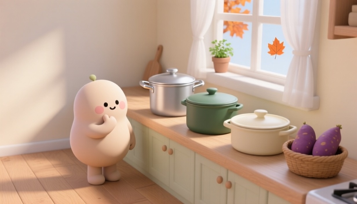 주방 조리대에 놓인 여러 냄비와 고구마를 바라보는 캐릭터