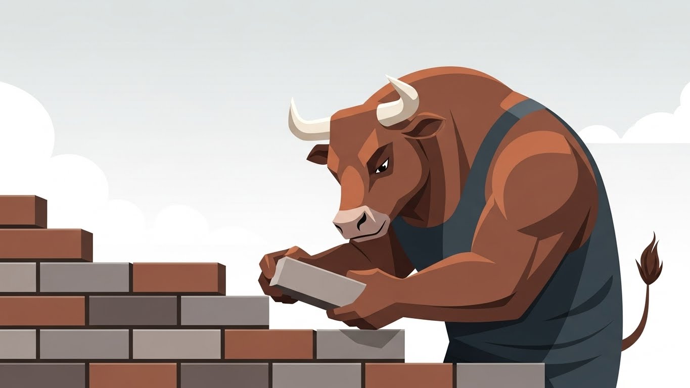 단단한 미래를 위해 기초부터 성실하게 벽돌을 쌓아 올리며 내실을 다지는 소띠의 안정적인 모습 이미지