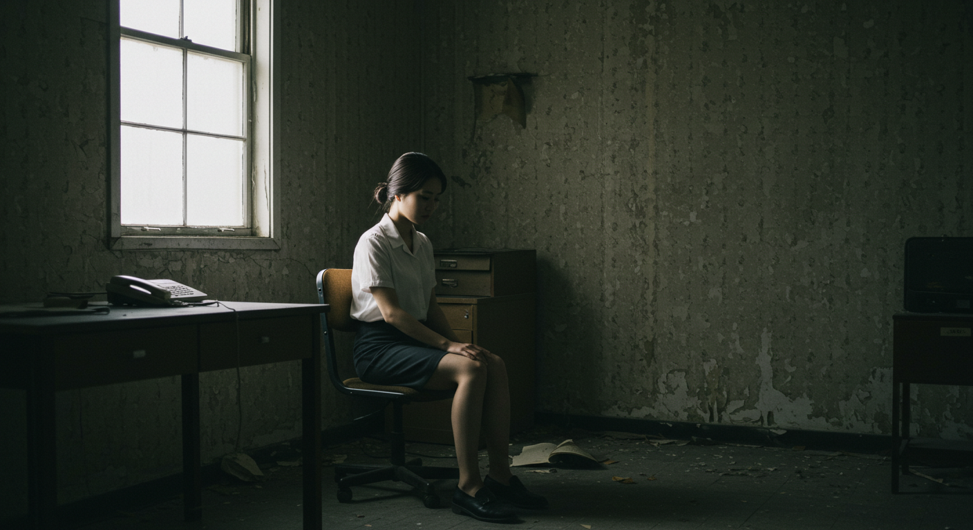 허름한 사무실에 앉아있는 여성