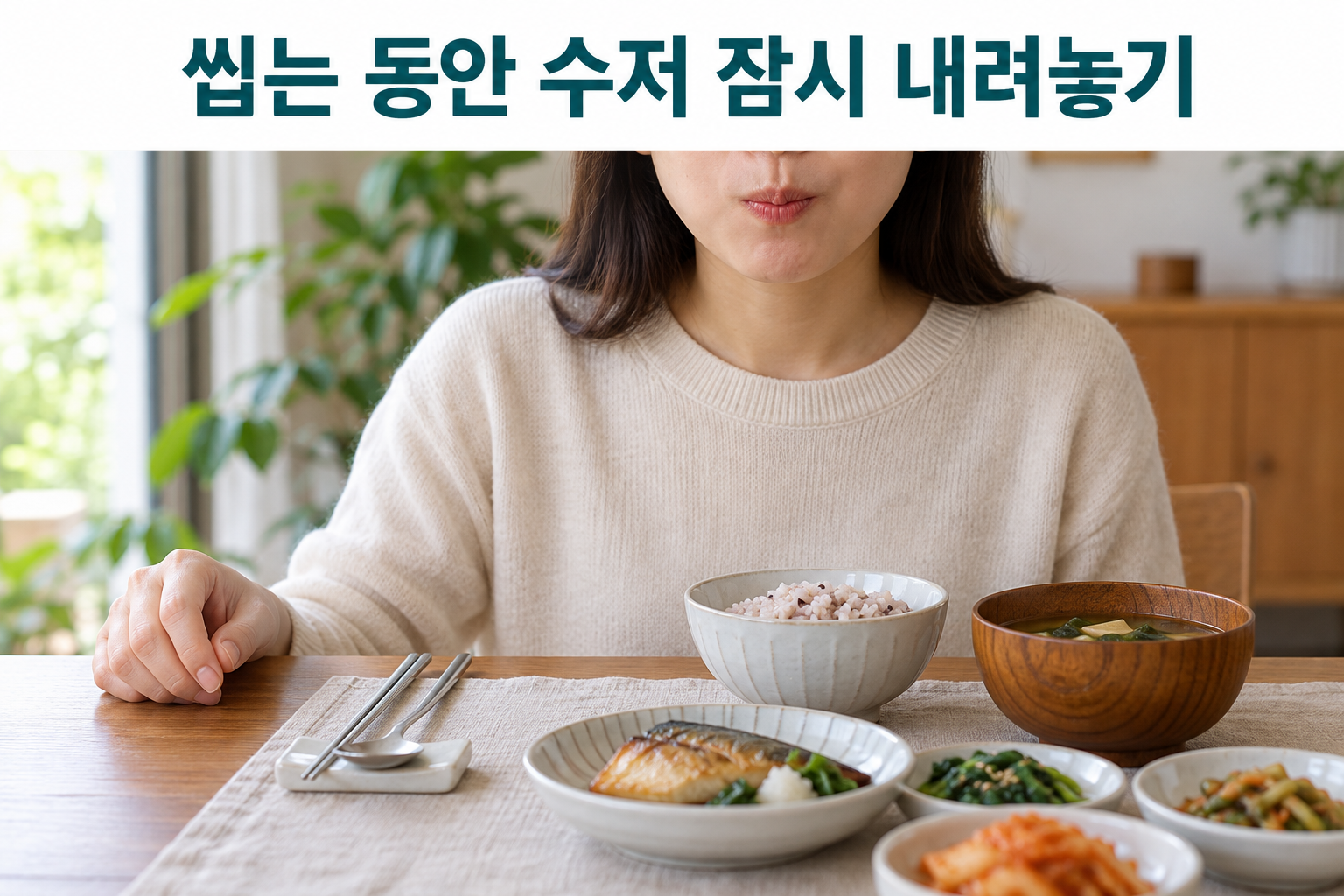 식탁에서 음식을 씹는 동안 수저를 받침에 내려놓은 손