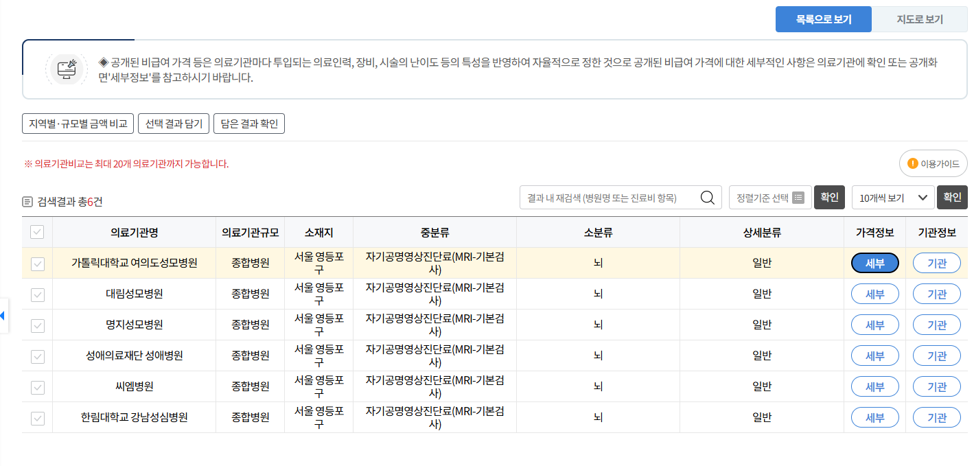 비급여 진료비 확인 화면