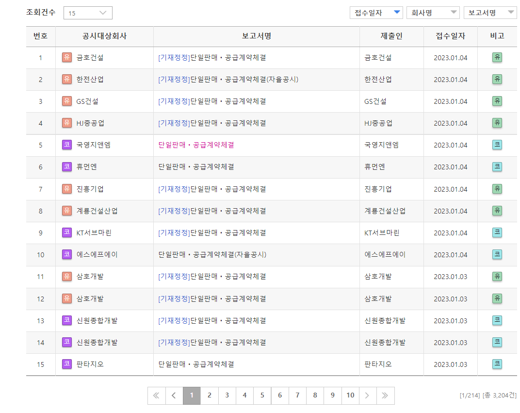 기업공시 Dart 사이트 - 단일판매·공급계약체결 공시