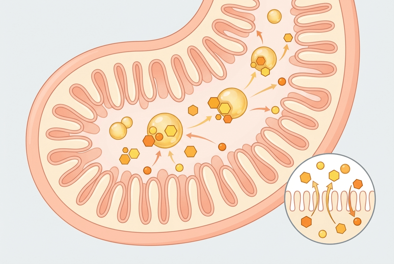 장 내부에서 지방과 결합하여 흡수되는 비타민 분자를 표현한 단순 도식, 소장 융모와 지방 방울 아이콘