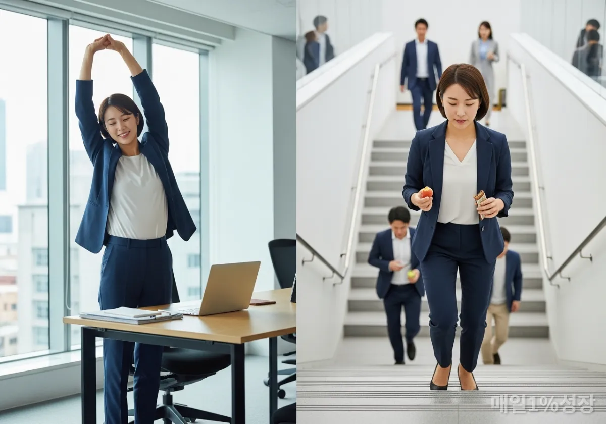 사무실에서 틈틈이 스트레칭을 하거나 계단을 오르는 한국 직장인의 모습