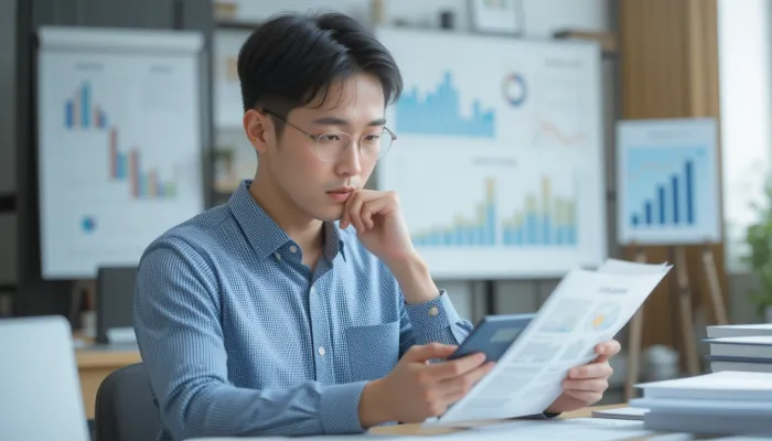 책상 위에서 서류와 계산기를 살펴보며 재정 계획을 세우는 남성