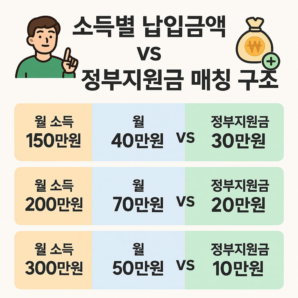 청년도약계좌 소득별 납입액과 정부지원금 비교 도표