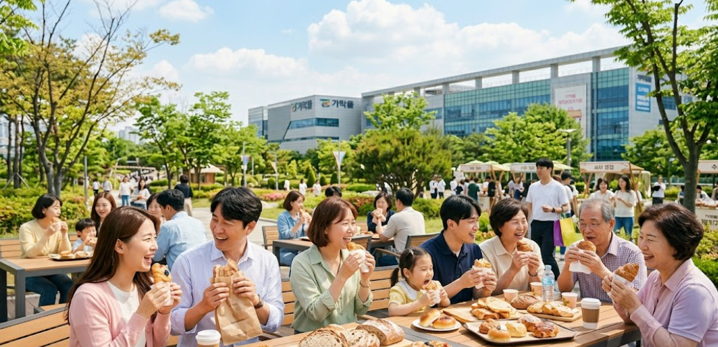 가락몰 하늘공원에서 사람들이 다양한 빵을 구경하고 시식하는 모습