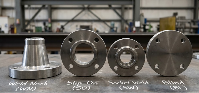 목 부분이 길게 뻗은 대형 Weld Neck(WN) 플랜지, 배관을 관통시키는 Slip-On(SO) 플랜지, 내부에 파이프가 걸리는 턱(Socket) 구조가 있는 소경 Socket Weld(SW) 플랜지, 막혀 있는 Blind(BL) 플랜지 등 산업 배관 접합용 플랜지 자재들의 실제 형태를 비교한 공장 내부 사진