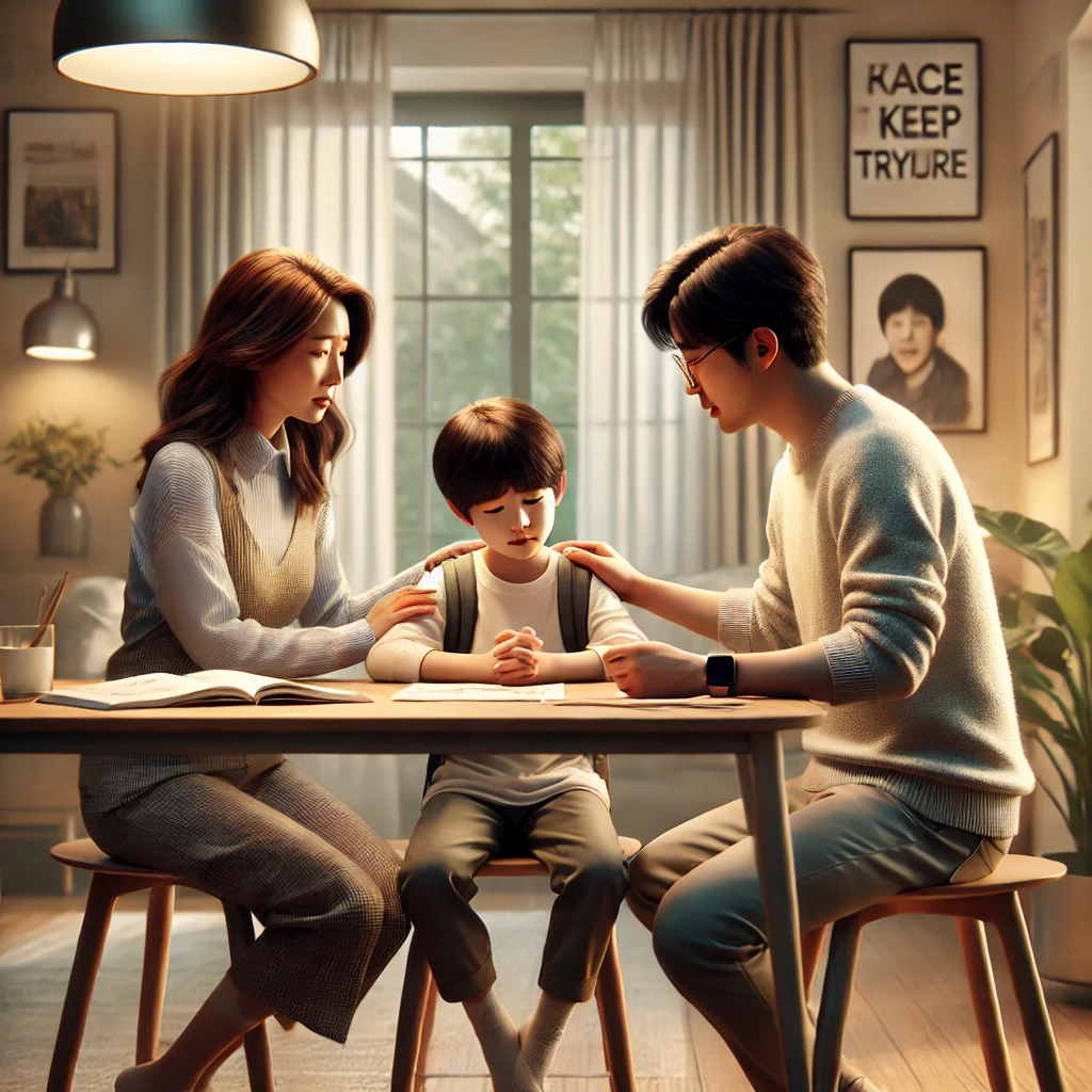 부모가 아이와 진심 어린 대화를 나누며 따뜻한 지지와 사랑을 전하는 장면이 담겨 있습니다.