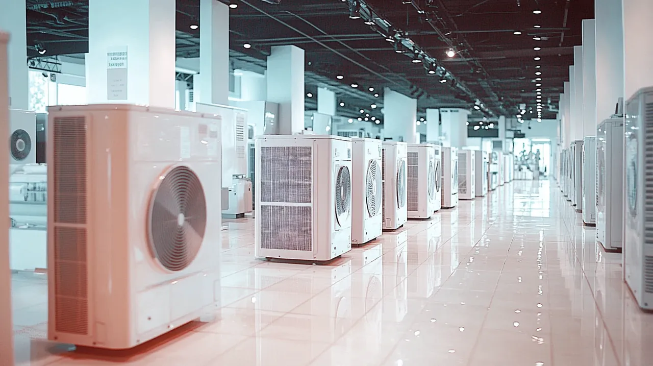 다양한 에어컨 모델이 진열된 바쁜 쇼룸에서 고객들이 대여 옵션과 비용을 살펴보며 비교합니다. 은은한 조명과 파스텔톤으로 꾸며진 공간이 친근한 분위기를 조성해줍니다.