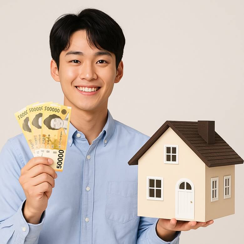 50,000원 지폐와 모형 집을 들고 있는 청년 남성의 전세대출 관련 이미지