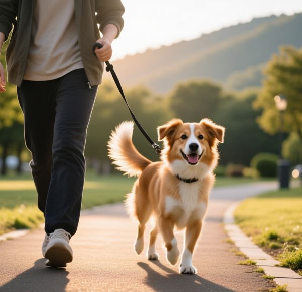 보호자와 함께 산책을 즐겁게 하고 있는 강아지의 모습
