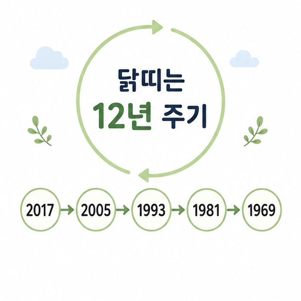 닭띠 출생연도가 12년 간격으로 반복되는 구조를 보여주는 이미지