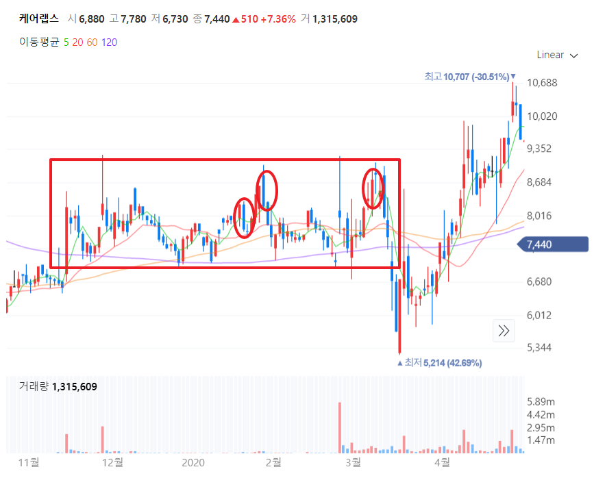 케어랩스 2020년도 주가차트