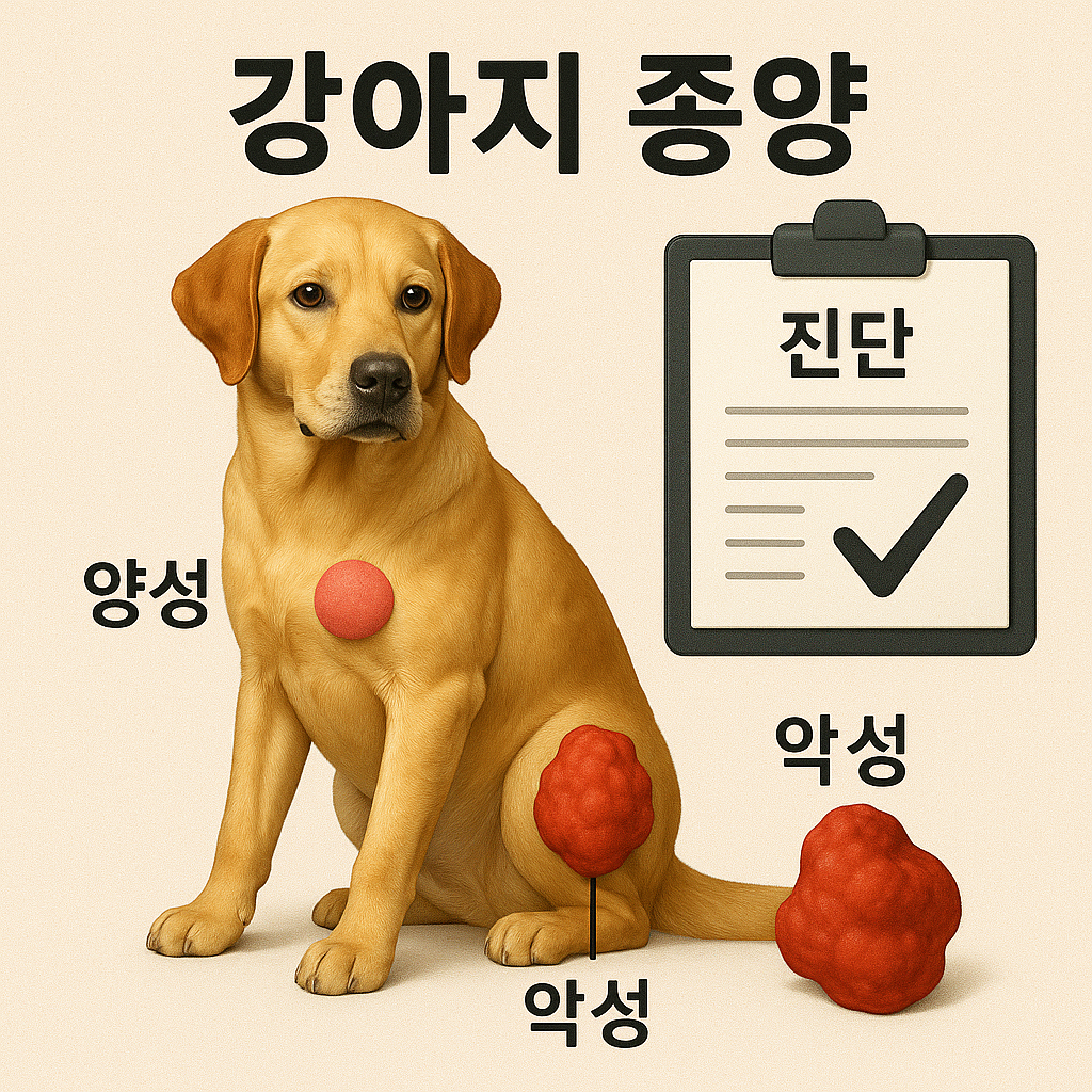 강아지 종양에 대한 이미지로 골든리트리버가 모델로 앉아있고 양성종양과 악성종양에 대한 형상이 표현되어 있음