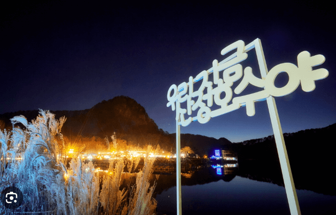 포천 억새축제 산정호수 둘레길 안내판과 억새밭·불빛축제 야경 전경