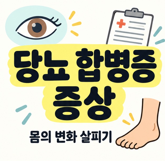 눈과 진료 기록지, 발 그림 사이에 노란색으로 강조한 당뇨 합병증 증상 제목과 몸의 변화 살피기 문구가 배치된 썸네일