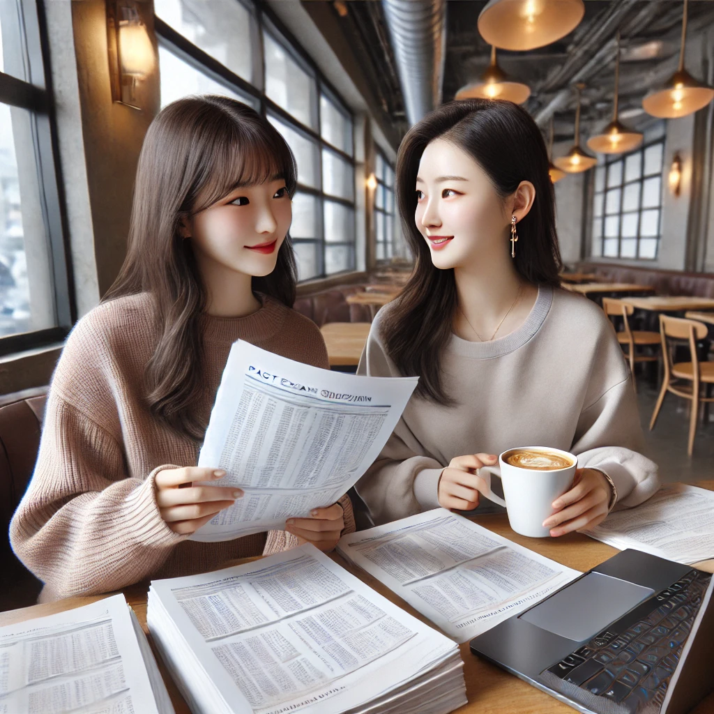 여성이 친구와 함께 아늑한 카페에서 기출문제를 논의하는 모습. 두 사람은 프린트된 문제와 노트북을 보며 대화를 나누고 있으며, 커피를 마시는 따뜻한 분위기가 연출되어 있습니다