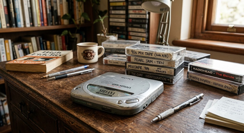 old CD player and cassette tapes on desk, 1990s Korean pop nostalgia object shot]