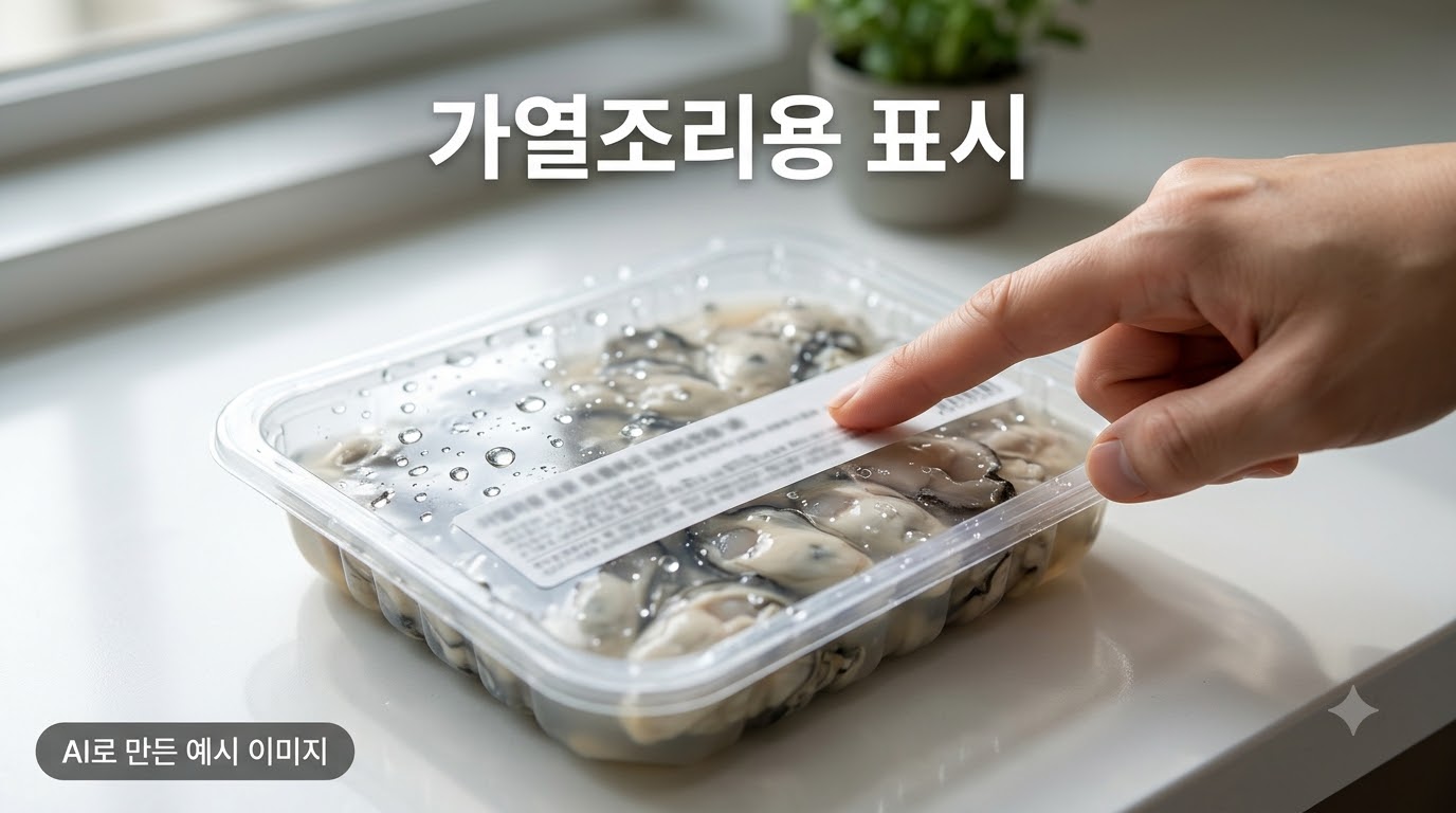 껍질 깐 굴이 든 투명 포장의 표시 부분을 손가락으로 가리키는 모습