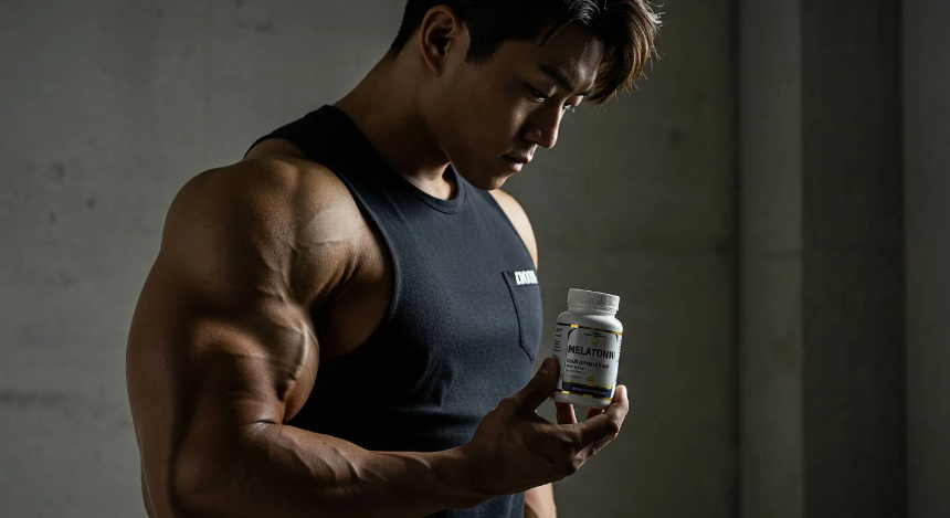 멜라토닌 영양제를 들고있는 남성 이미지